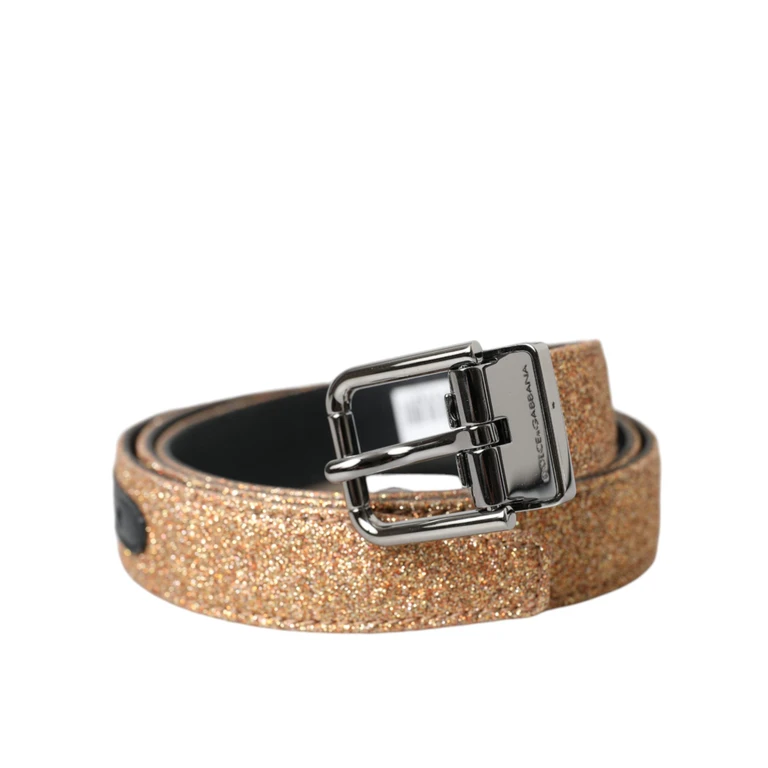 Dolce & Gabbana Gold Glitter Leather Silver Metal Buckle Belt - Women