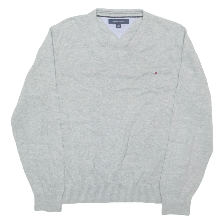 TOMMY HILFIGER Mens Jumper Grey V-Neck Tight Knit L