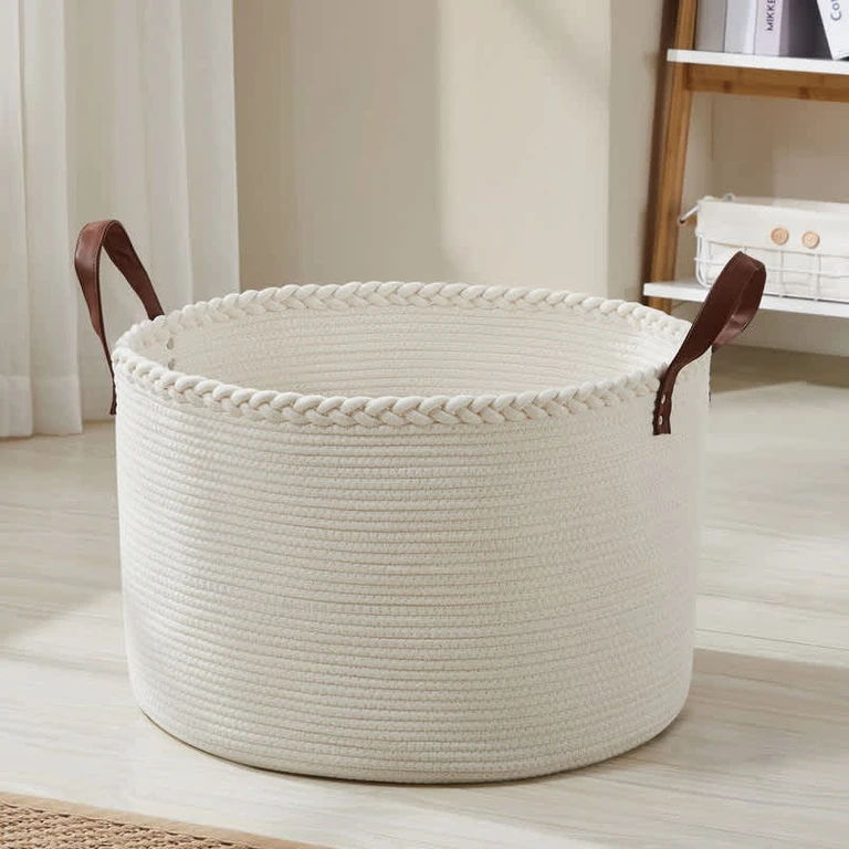Large Round Cotton Rope Storage Basket Laundry Hamper with Faux Leather Handles