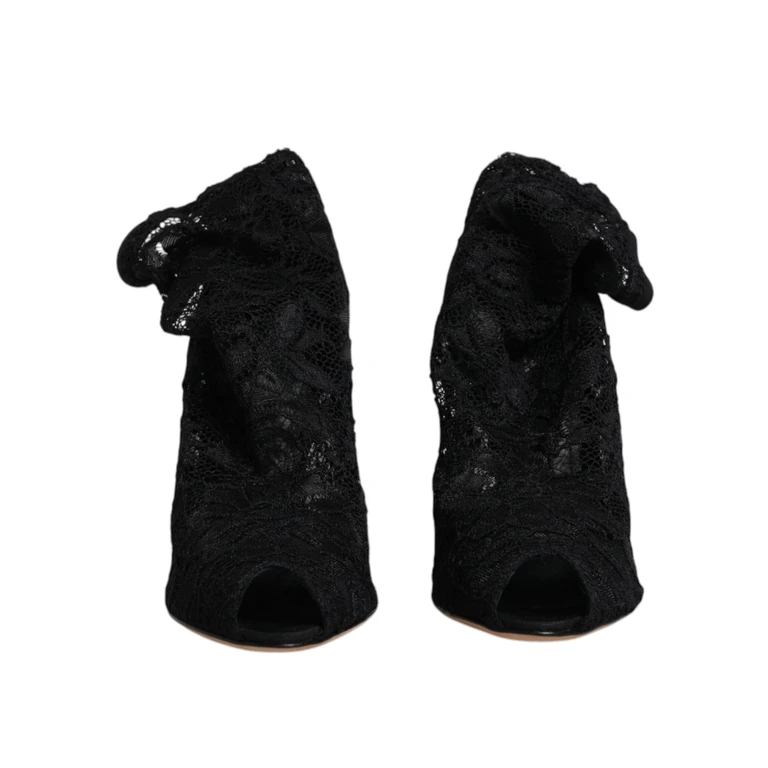 Dolce & Gabbana Black Lace Stretch Heels Mid Calf Boots Shoes Nylon Elastane Viscose - Women