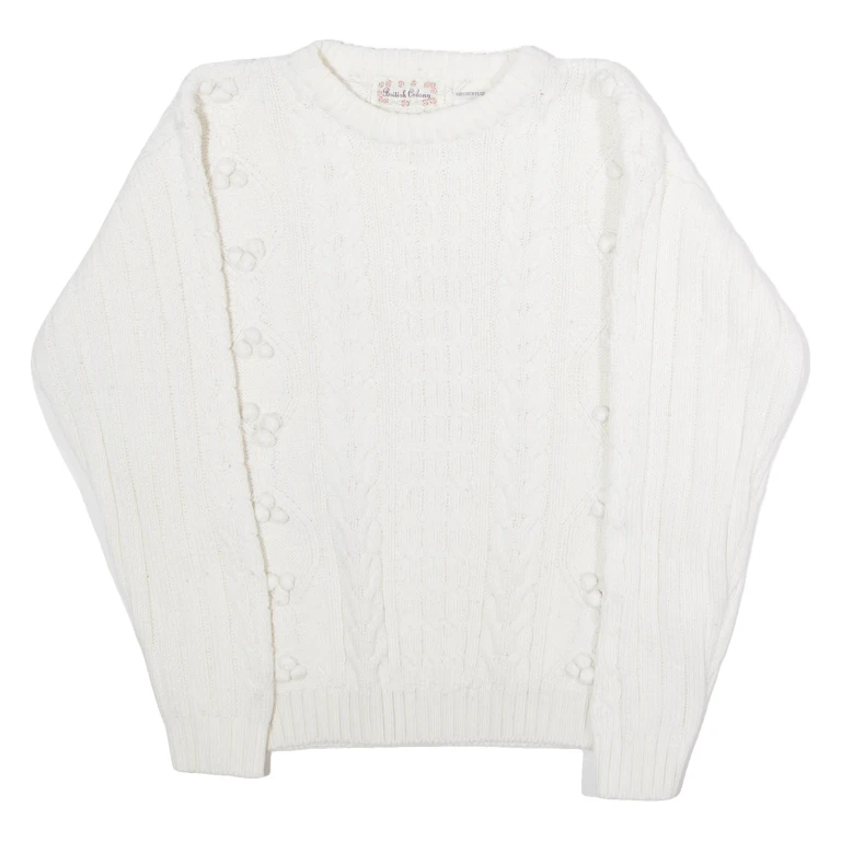 BRITISH COLONY Womens Jumper White Crew Neck 80s Cable Knit L
