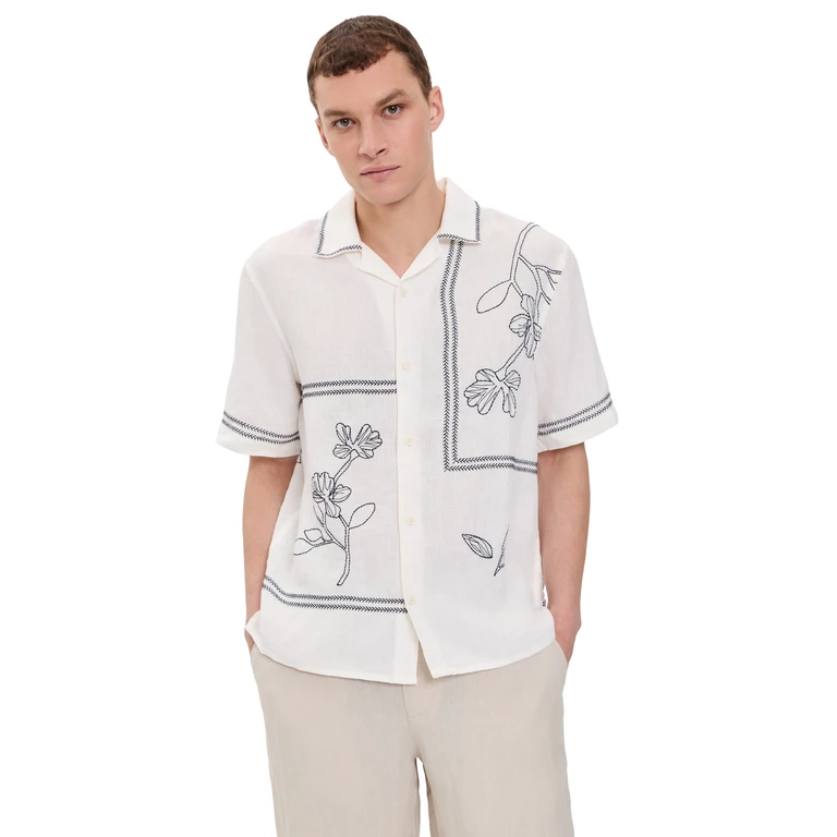 Wax London Didcot Linen Grid Flower Shirt Ecru/Navy L