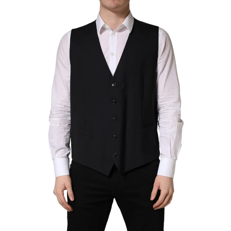 Dolce & Gabbana Black Wool Single Breasted Waistcoat Vest Virgin Elastane Clothing - Men