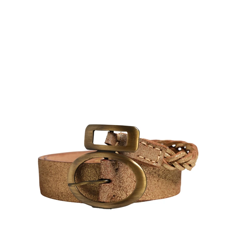 Brown Leather Braided Metal Buckle Belt - Women