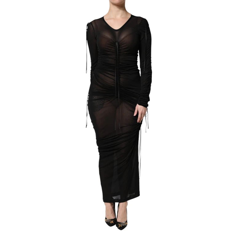 Dolce & Gabbana Black Mesh Trim Bodycon Long Sheath Dress Viscose Silk - Women