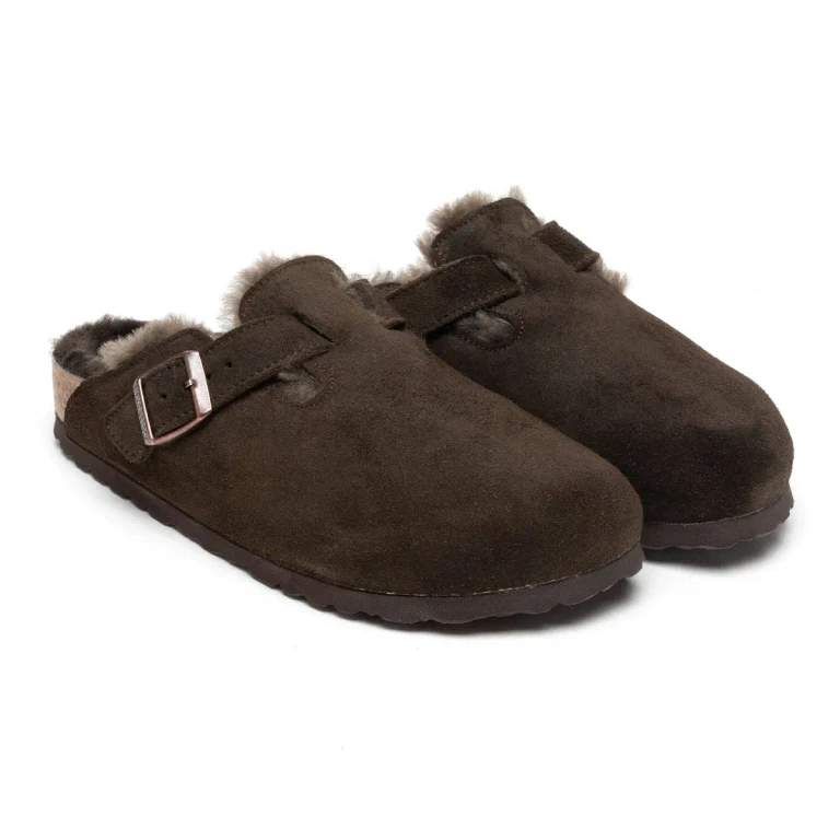 Boston Shearling Suede Leather Mocha Clogs