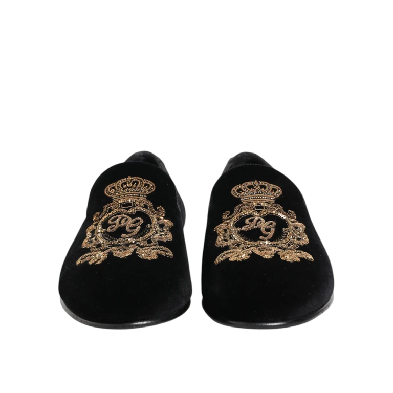 Dolce & Gabbana Black Velvet Gold Crown Mens Loafers Shoes - Men