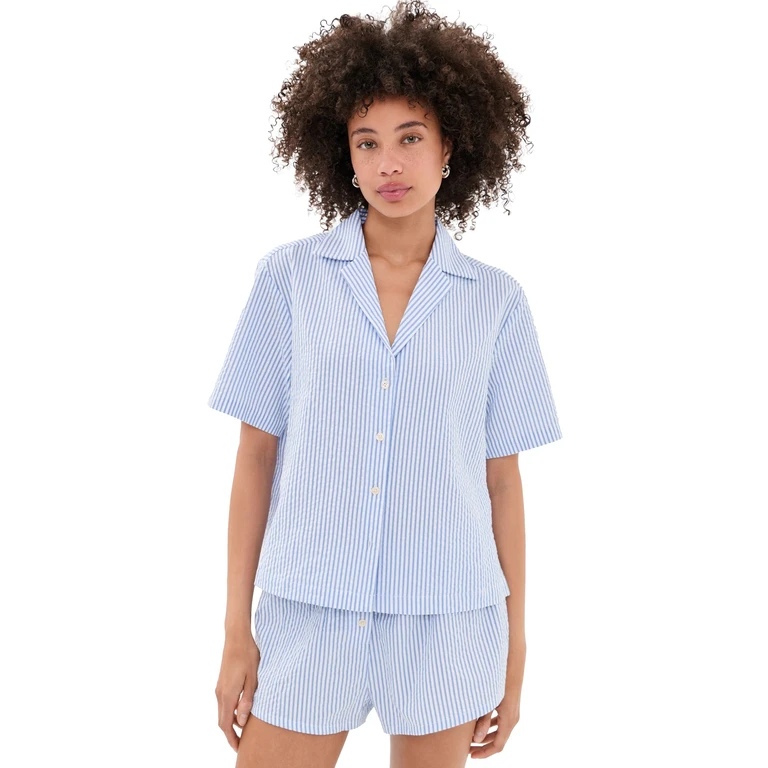 Good American The Camp Shirt Blue Stripe Seersucker S