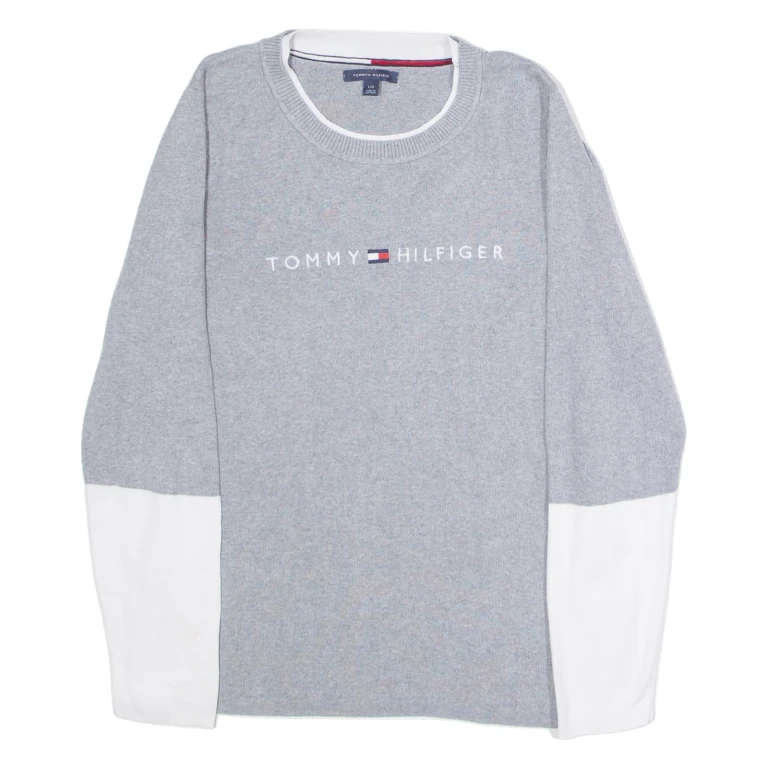 TOMMY HILFIGER Womens Patterned Jumper Grey Colourblock Crew Neck Tight Knit L