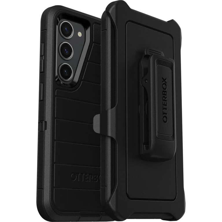 Galaxy S23 (Only) - Defender Series Case - Black, Rugged & Durable - with Port Protection - Includes Holster Clip Kickstand - Microbial Defense Protection - Non-Retail Packaging