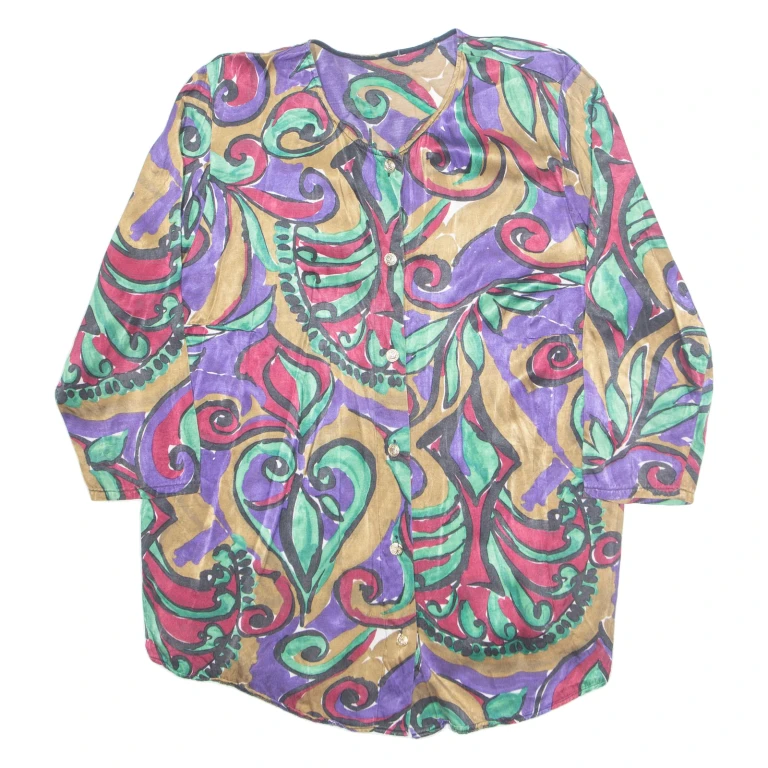 Womens Printed Blouse Purple V-Neck Long Sleeve Faux Silk Crazy Pattern M