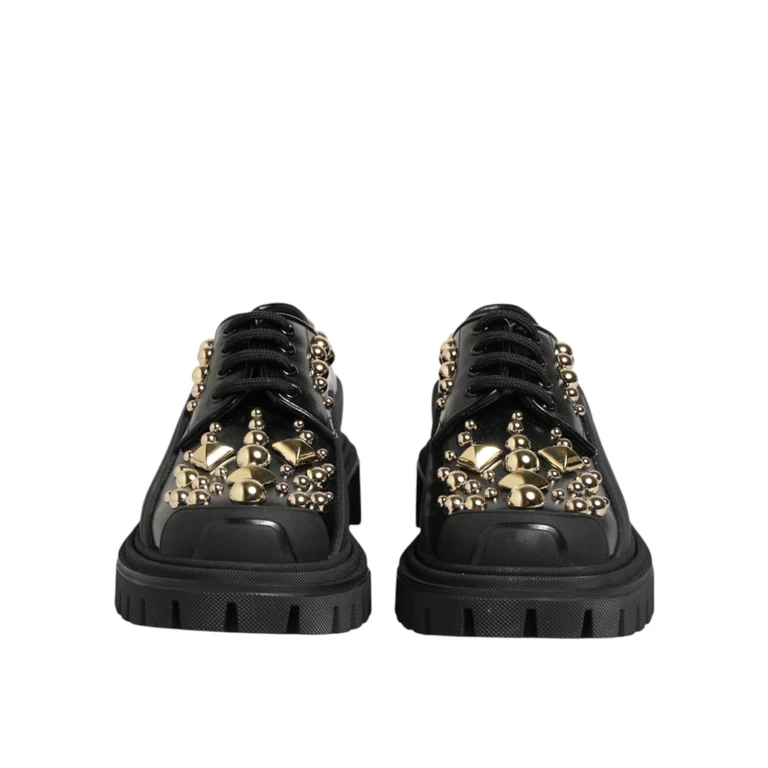 Dolce & Gabbana Black Leather Jeweled Crystals Derby Shoes 100lf - Women