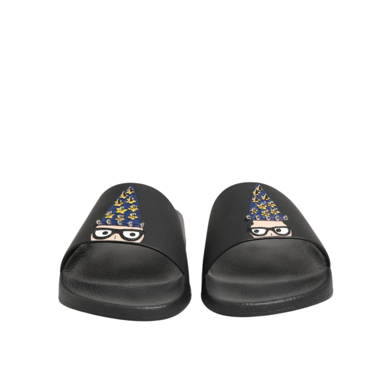 Dolce & Gabbana Black Leather Slides Sandals Beachwear Shoes 100lf - Men
