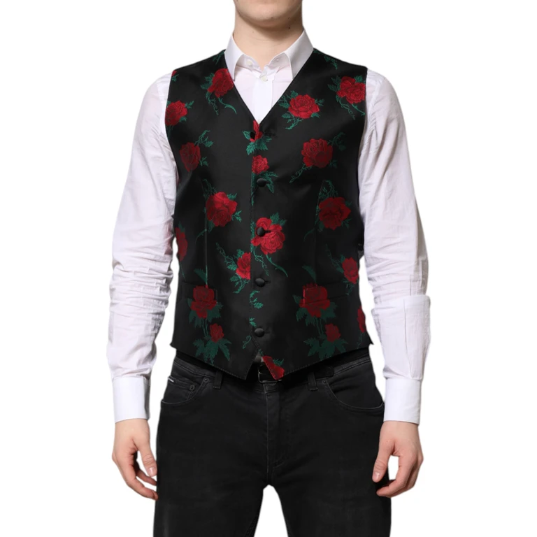Dolce & Gabbana Red Floral Brocade Formal Men Waistcoat Vest Black Clothing - Men