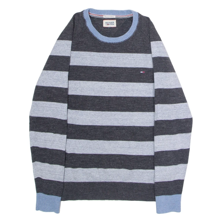 HILFIGER DENIM Mens Patterned Jumper Grey Striped Crew Neck Tight Knit M
