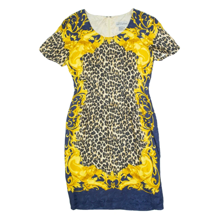 BLOOMINGDALES Womens Pencil Dress Blue Silk 90s Animal Print M