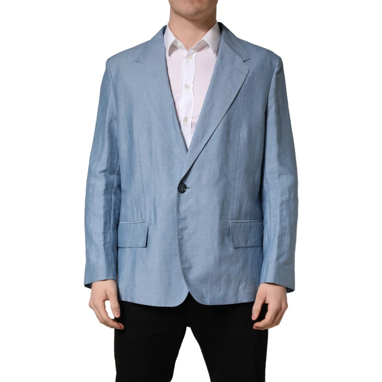 Light Blue Single Breasted Men Jacket Blazer Linen Nylon Clothing - Men
