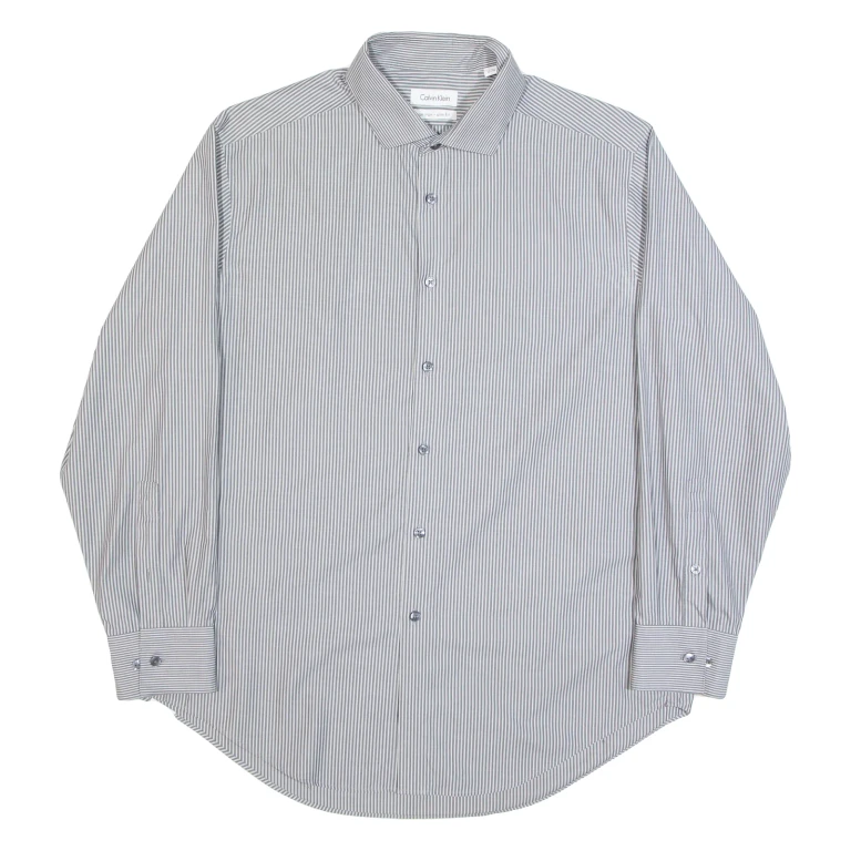 CALVIN KLEIN Slim Fit Mens Shirt Grey Striped Long Sleeve M