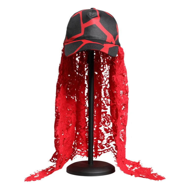 Dolce & Gabbana Red Black Lace Tulle Cotton Baseball Cap And Polyester Accessory - Women