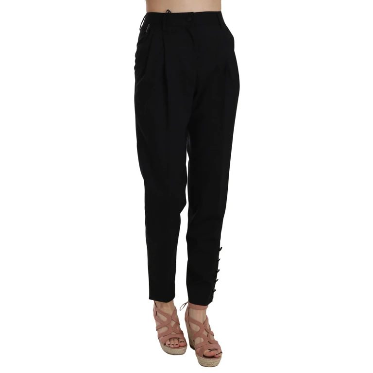 Dolce & Gabbana Black Button Pleated Tapered Trouser Pants Virgin Wool Elastane - Women