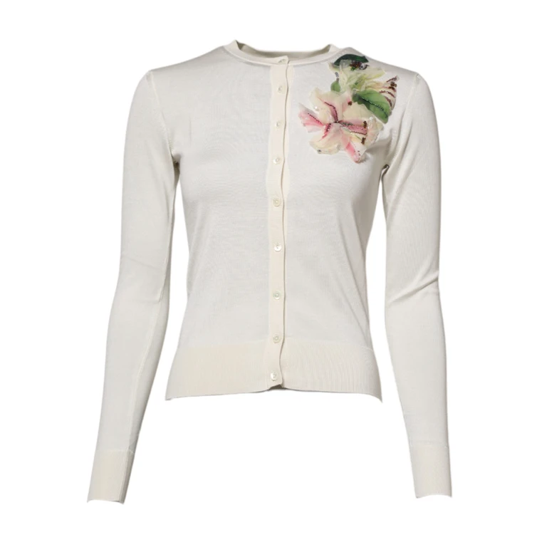 Dolce & Gabbana White Silk Lily Embellished Cardigan Sweater Clothing - Women