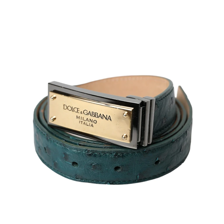 Dolce & Gabbana Green Leather Gold Logo Engraved Buckle Belt - Women