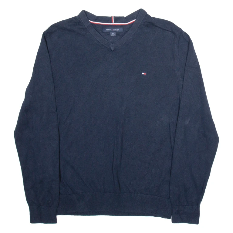 TOMMY HILFIGER Mens Jumper Blue V-Neck Tight Knit S