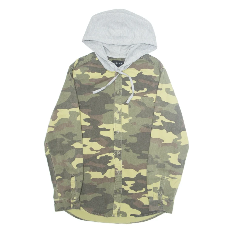 FACTORISE Hooded Mens Shirt Green Camouflage Long Sleeve M