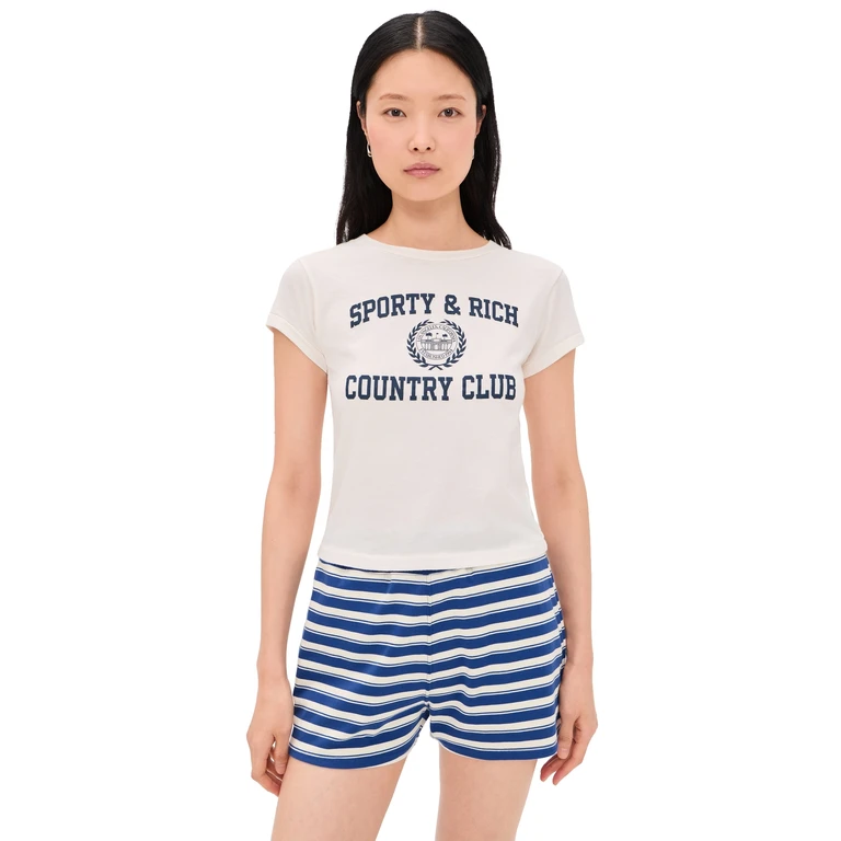 Sporty & Rich Varsity Crest Essential Tee Ecru Navy M
