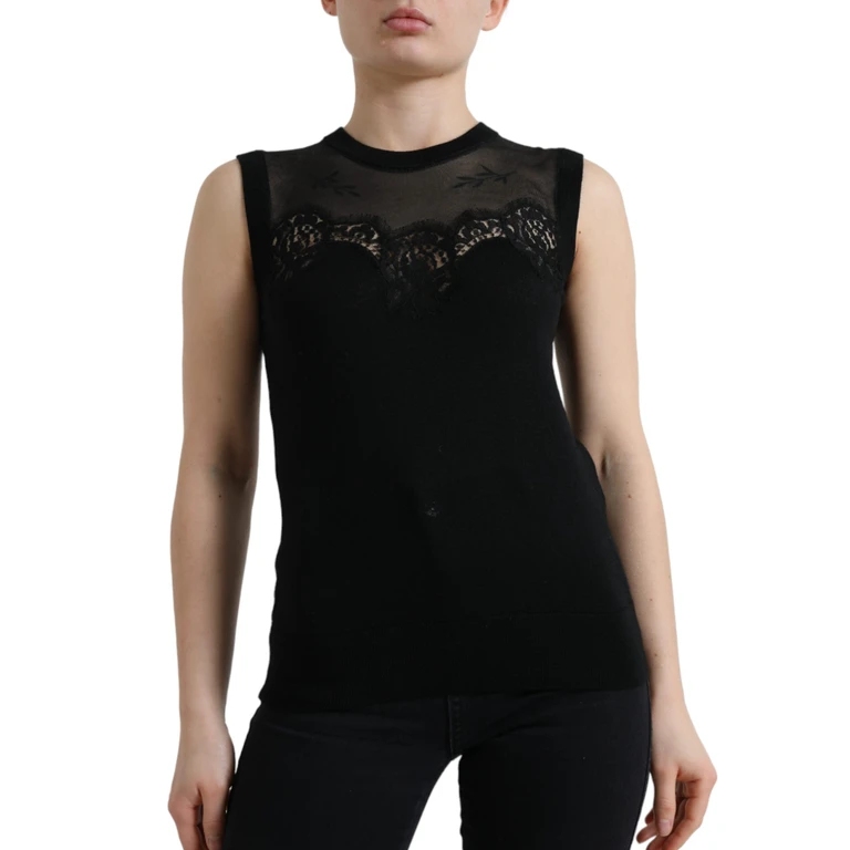 Dolce & Gabbana Black Cashmere Lace Trim Sleeveless Tank Top - Women