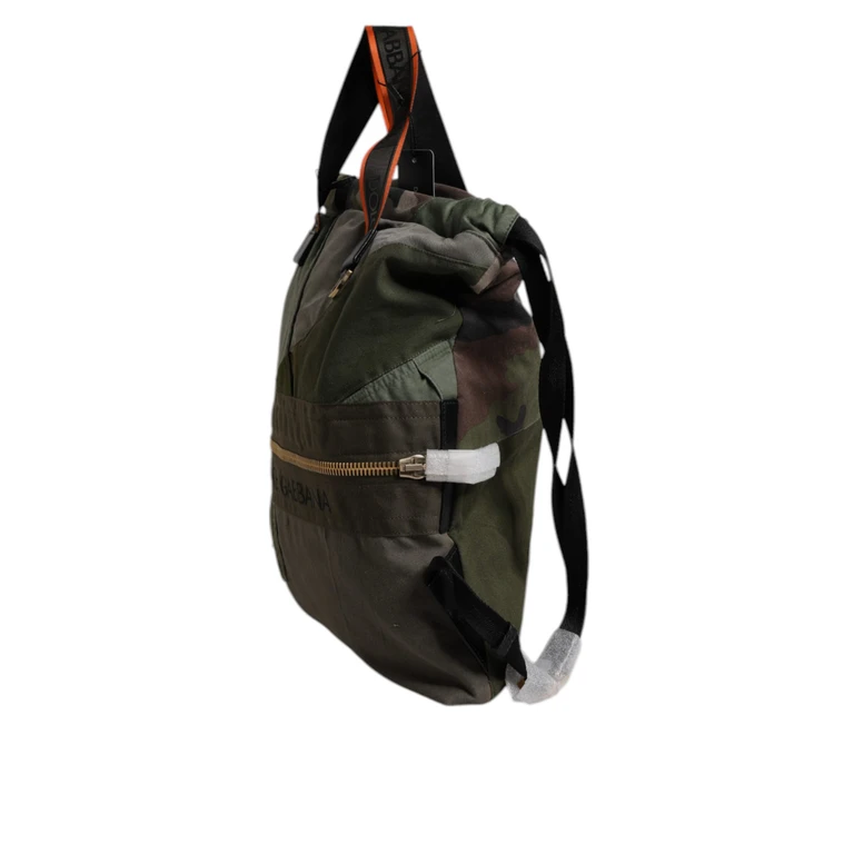Dolce & Gabbana Military Green Patchwork Rucksack Backpack Bag Cotton Calf Leather Nylon - Men (BAG4402)
