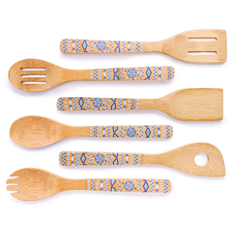 Patterned Bamboo 6Pc Utensil Set, Blue