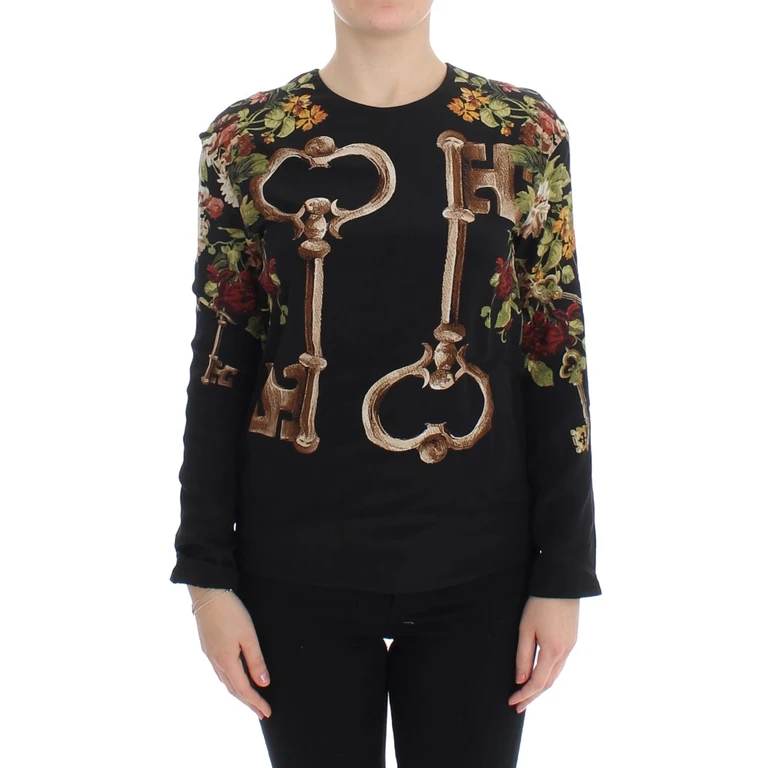Dolce & Gabbana Black Key Floral Print Silk Blouse Top - Women
