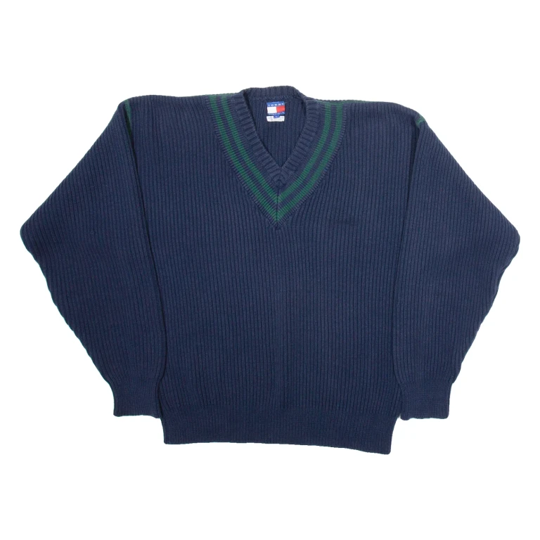 TOMMY HILFIGER Mens Jumper Blue V-Neck Tight Knit L