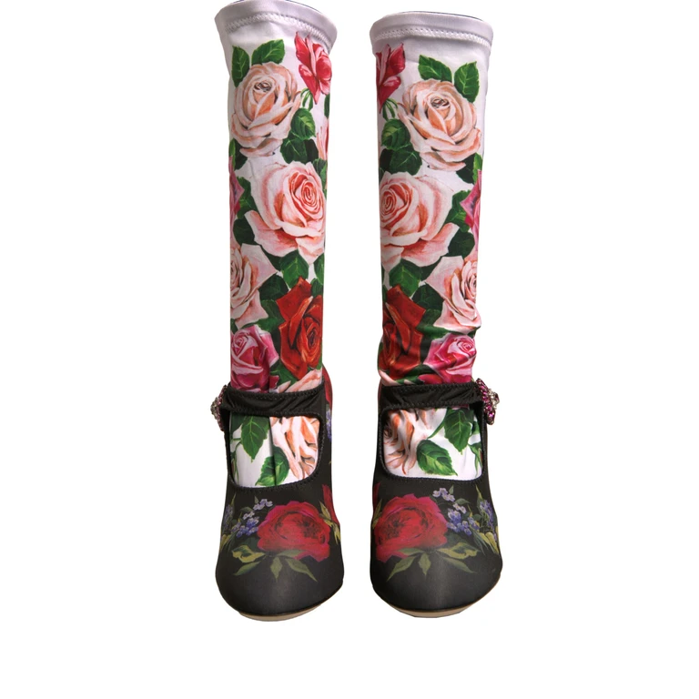 Dolce & Gabbana Black Floral Socks Crystal Boots Jersey Shoes - Women