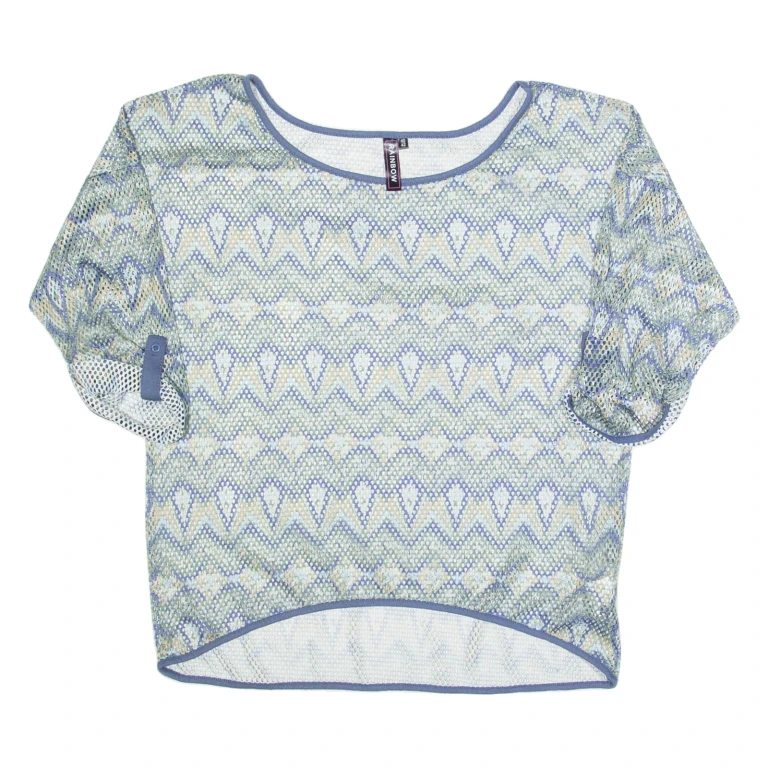 RAINBOW Mesh Womens Printed Top Blue 3/4 Sleeve Fair Isle L