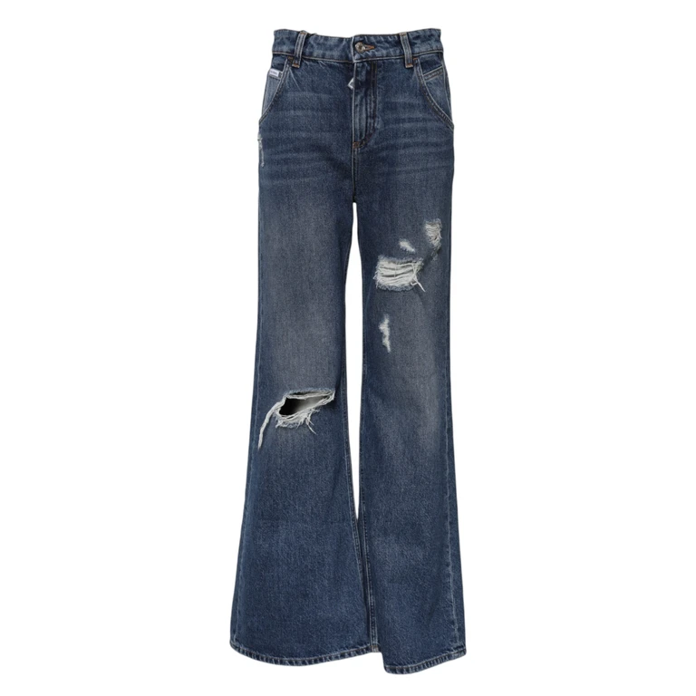 Blue Cotton Wide Leg Tattered Denim Jeans Clothing - Women