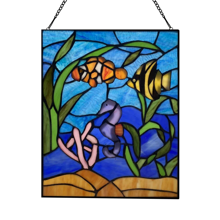 14" H Underwater Ocean Scene Stained Glass Window Panel