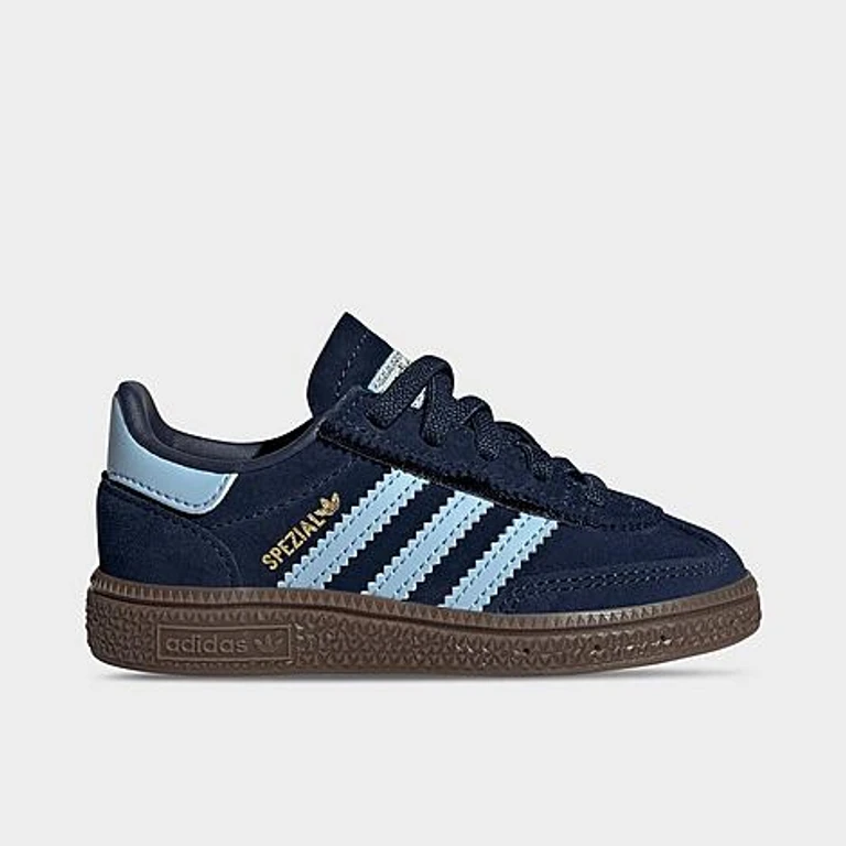 adidas Little Kids Originals Handball Spezial Comfort Closure Stretch Lace Casual Shoes in Collegiate Navy/Clear Sky/Gum Size: 4.0
