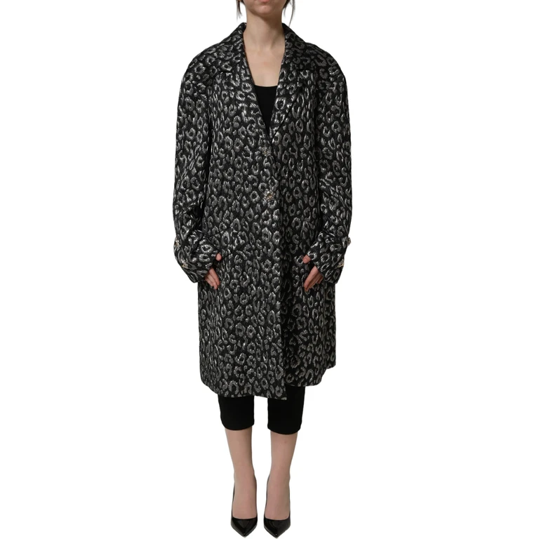 Black Silver Jacquard Leopard Coat Jacket Polyester Acrylic Wool Clothing - Women