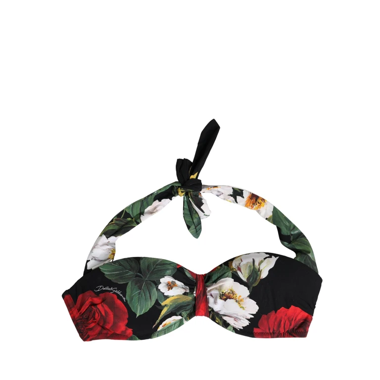 Dolce & Gabbana Black Floral Padded Halter Bikini Top Swimwear Elastane Nylon - Women