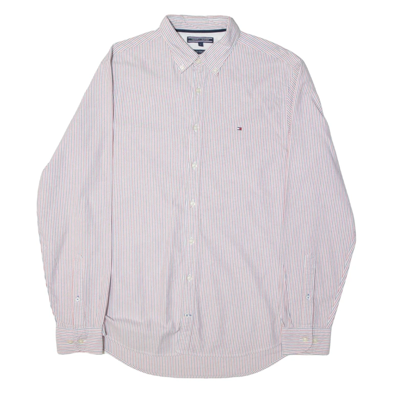 TOMMY HILFIGER Mens Shirt Red 90s Striped Long Sleeve L