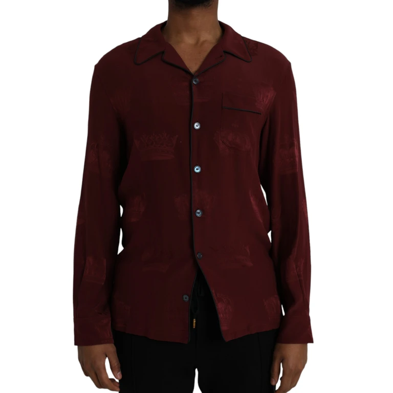 Maroon Crown Jacquard Silk Long Sleeve Shirt - Men
