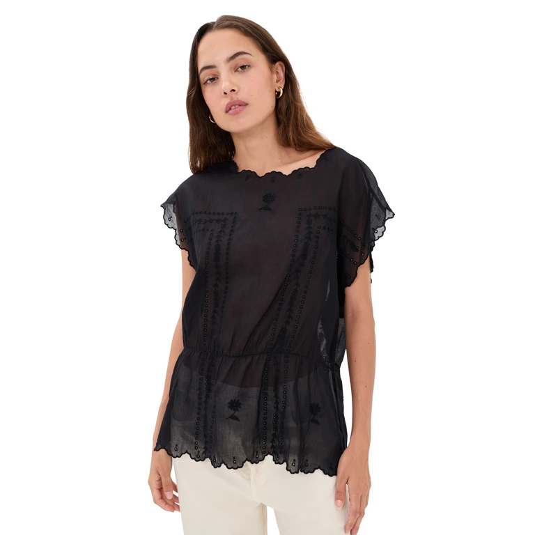 THE GREAT. The Scalloped Eyelet Tunic Black 0