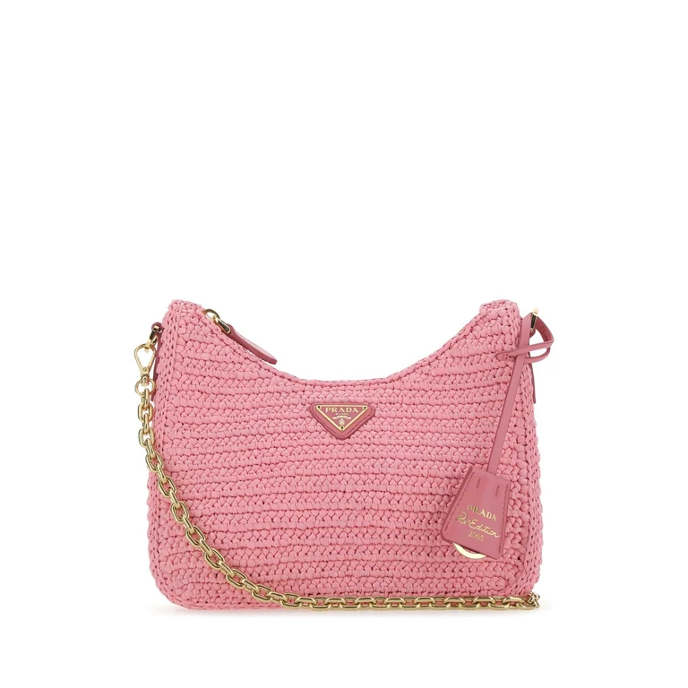 Prada Pink Raffia Re-Edition 2005 Shoulder Bag F0442 Vi-vitello Borse A Mano - Women