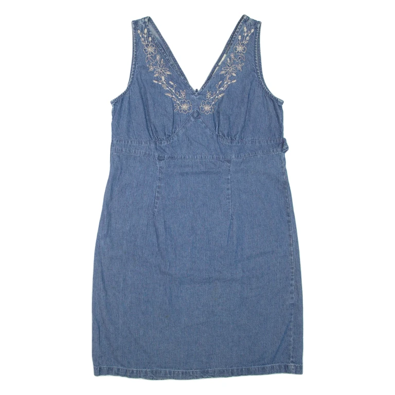 FADED GLORY Womens Day Dress Blue Denim Floral Sleeveless Short L