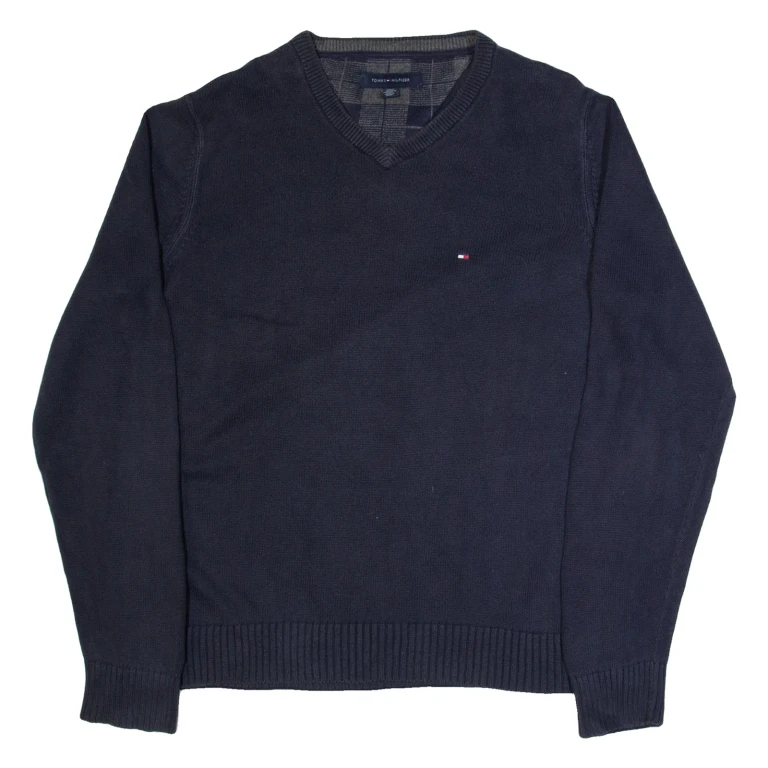 TOMMY HILFIGER Mens Jumper Blue V-Neck Tight Knit M