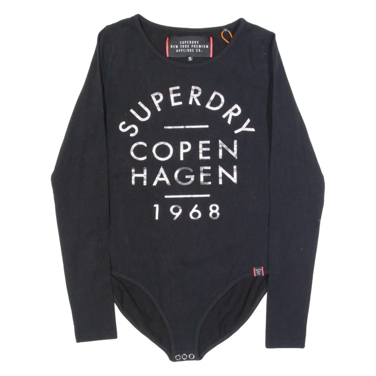 SUPERDRY Womens Bodysuit Black Long Sleeve S