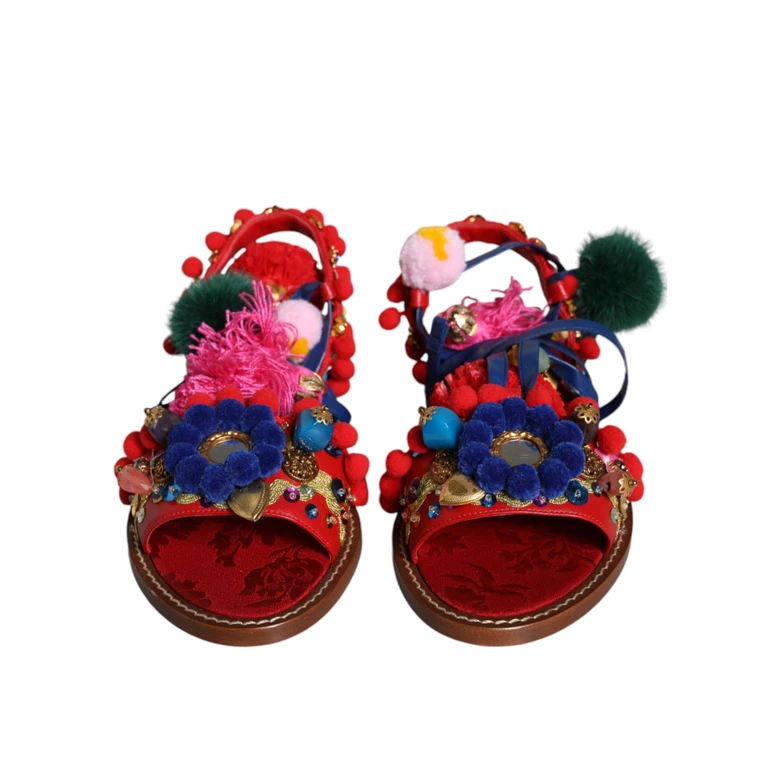 Dolce & Gabbana Multicolor Pom Fur Wrap Sandals Shoes - Women