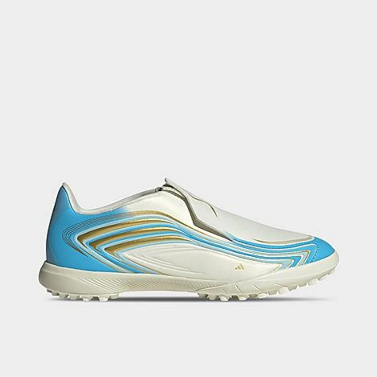 Big Kids F50 Messi League Laceless Turf Soccer Cleats in Ivory/Semi Blue Burst/Icey Blue Size: 1.0